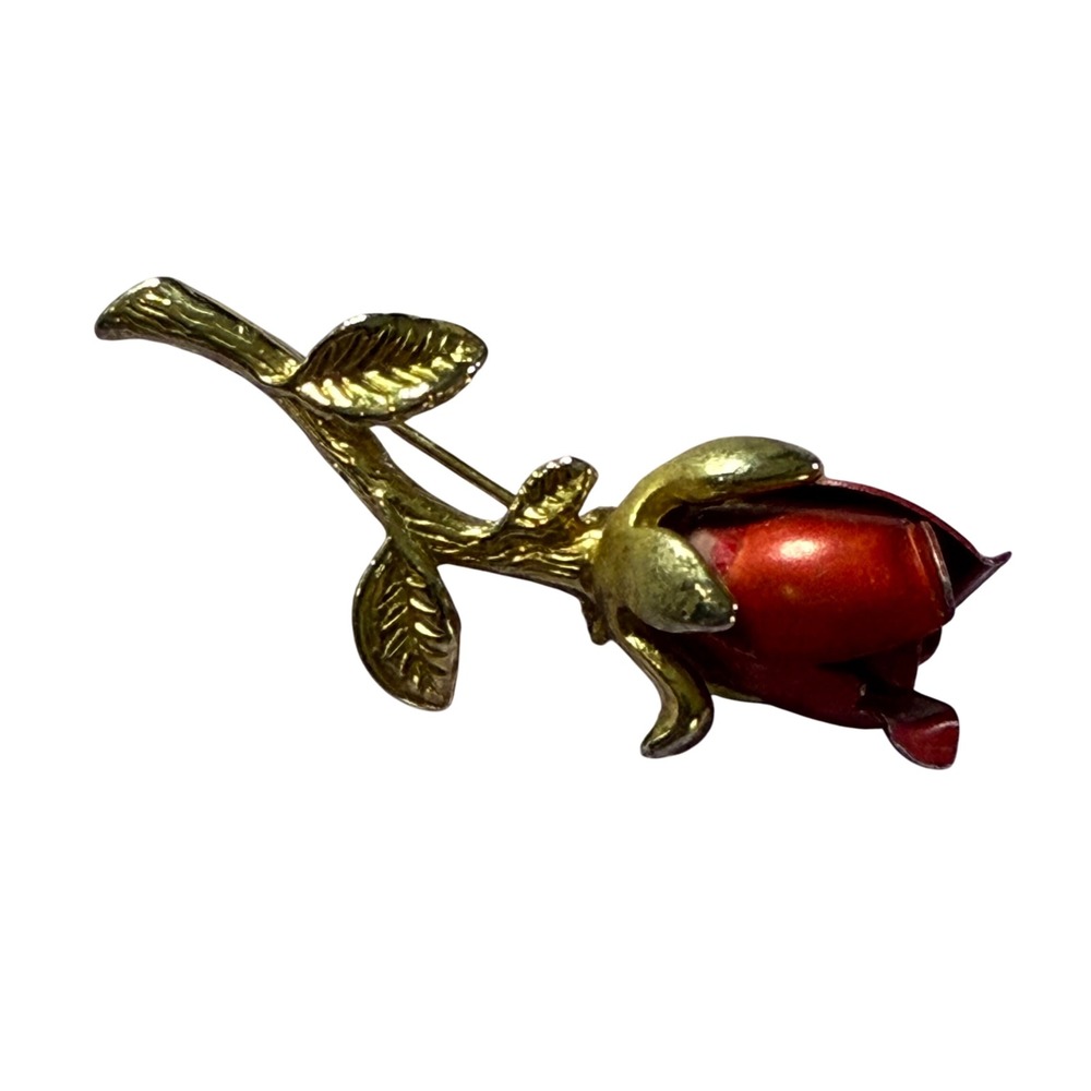 Rose‎ Brooch Pin Red Flower Gold Tone Floral Lapel Vintage Style Jewelry